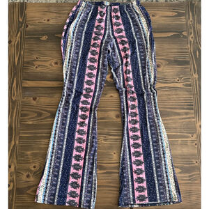Women's Love Nation Juniors S Navy Pink Multi-color Boho Flare Pants Festival